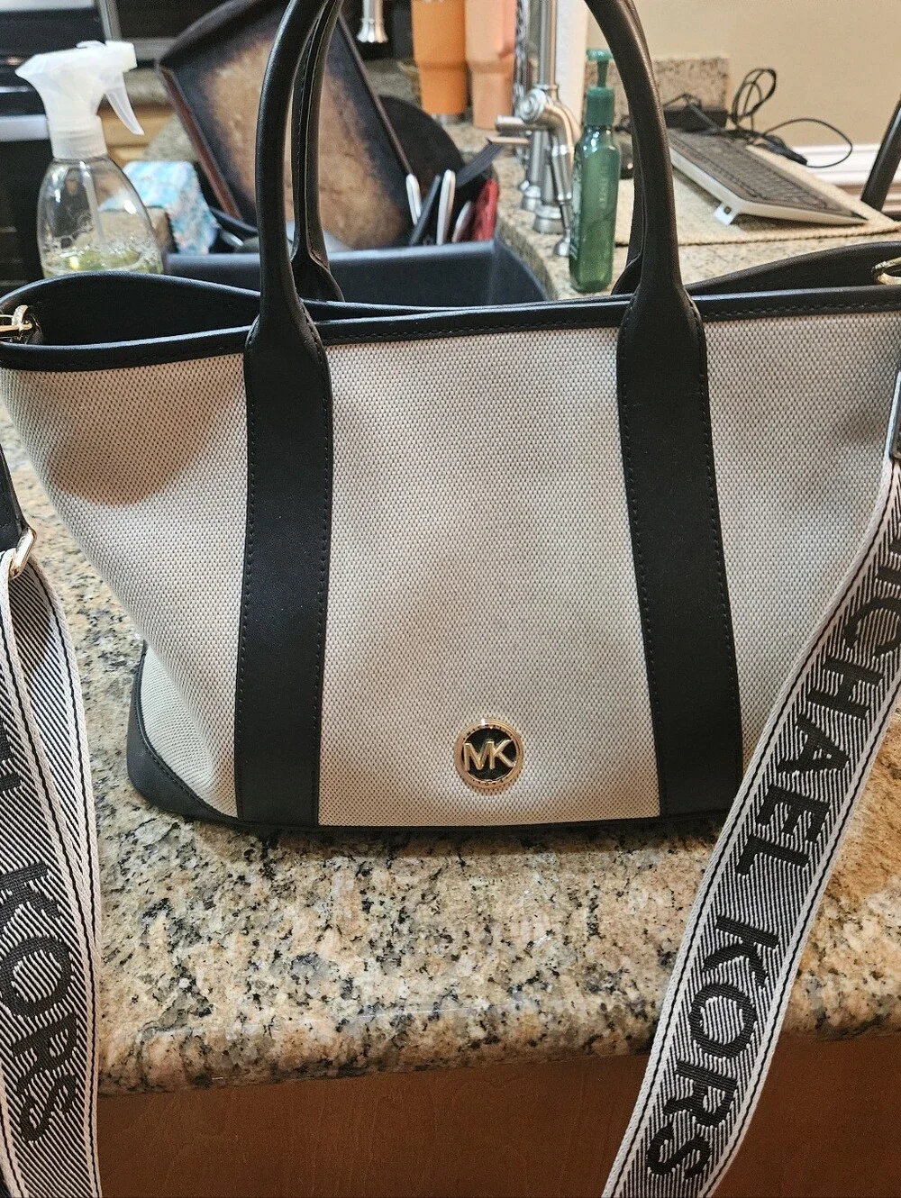 Michael Kors Beige Canvas Tote with Black Trim and MK Logo